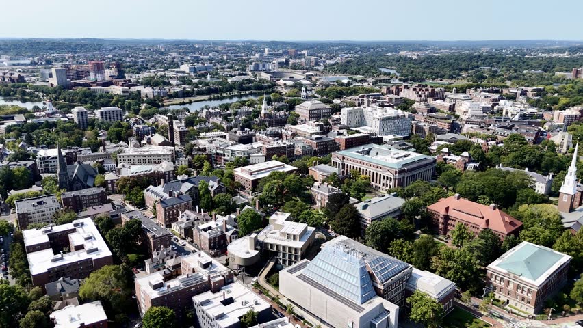 Drone flight above the Harvard Yard, Cambridge, Massachusetts, USA