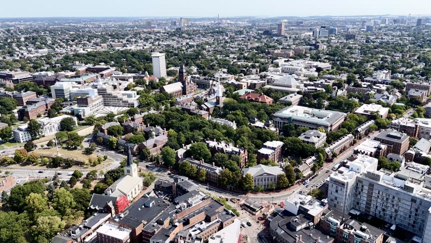 Drone flight above the Harvard Yard, Cambridge, Massachusetts, USA