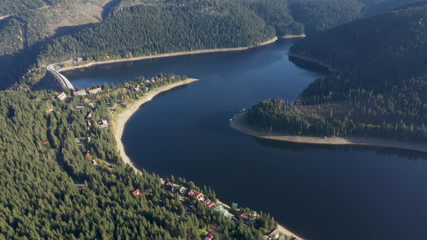 Aerial view of lake and green forest in Belis, Transylvania, Romania