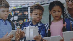 Animation of financial data processing diverse students with female teacher in classroom. Global finance, business, connections, computing and data processing concept digitally generated video. - Powered by Shutterstock - Get 15% off with code: PIKWIZARD15