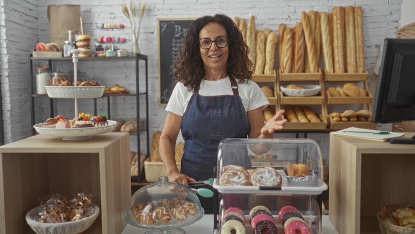 Woman working in a bakery arranging pastries on display in front of shelves filled with bread and baked goods