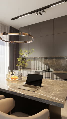 Modern Kitchen and Dining Area in Minimalist Style, Featuring Dark Cabinets and Subtle Decor, High-Quality 3D Animation Render for Interior Design Projects