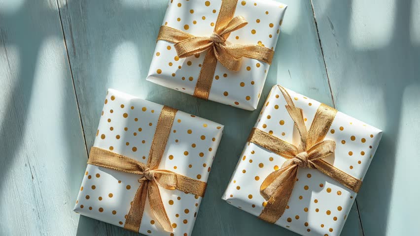 Three Elegant Gift Boxes With Golden Ribbons on Blue Background