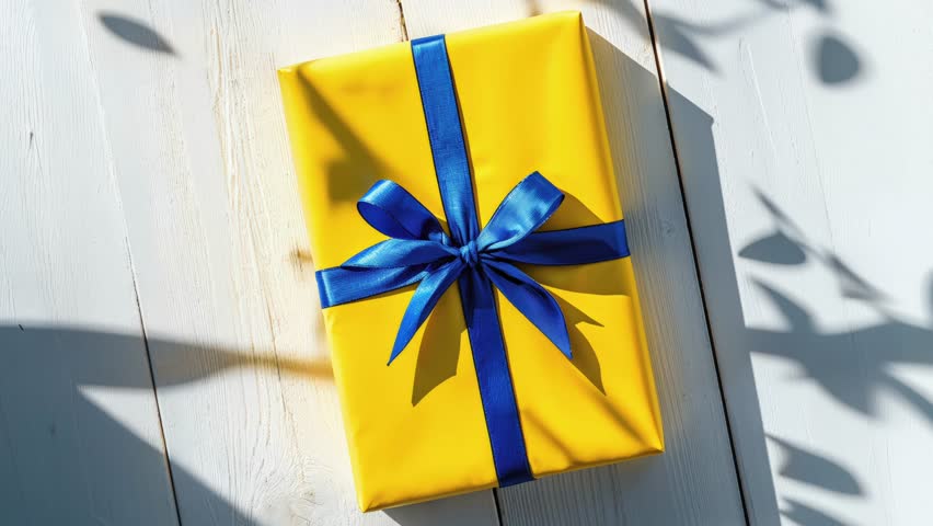 Yellow Gift Box with Blue Ribbon on Wooden Background