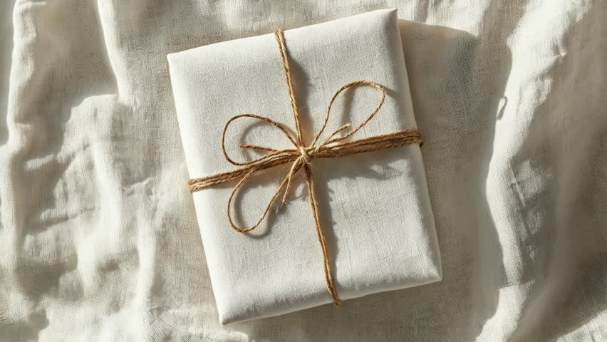 Minimalist Wrapped Gift Box on Soft Fabric Background