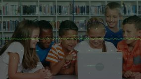 Animation of data processing on graph over diverse elementary schoolchildren using laptop. Digital interface, education, data, childhood, connection and communication, digitally generated video. - Powered by Shutterstock - Get 15% off with code: PIKWIZARD15