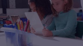 Animation of data processing over diverse schoolgirls using tablets in classroom. Digital interface, school, education, connection and communication, digitally generated video. - Powered by Shutterstock - Get 15% off with code: PIKWIZARD15