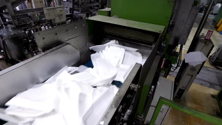Styrofoam chunks are traveling on a conveyor.
