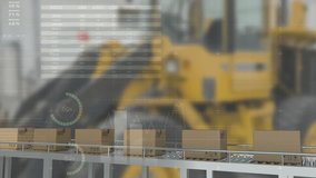 Animation of statistics and financial data processing over boxes on conveyor belt. Global shipping, business, finance, connections, computing and data processing concept digitally generated video. - Powered by Shutterstock - Get 15% off with code: PIKWIZARD15