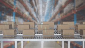 Animation of statistics and financial data processing over boxes on conveyor belts. Global shipping, business, finance, connections, computing and data processing concept digitally generated video. - Powered by Shutterstock - Get 15% off with code: PIKWIZARD15