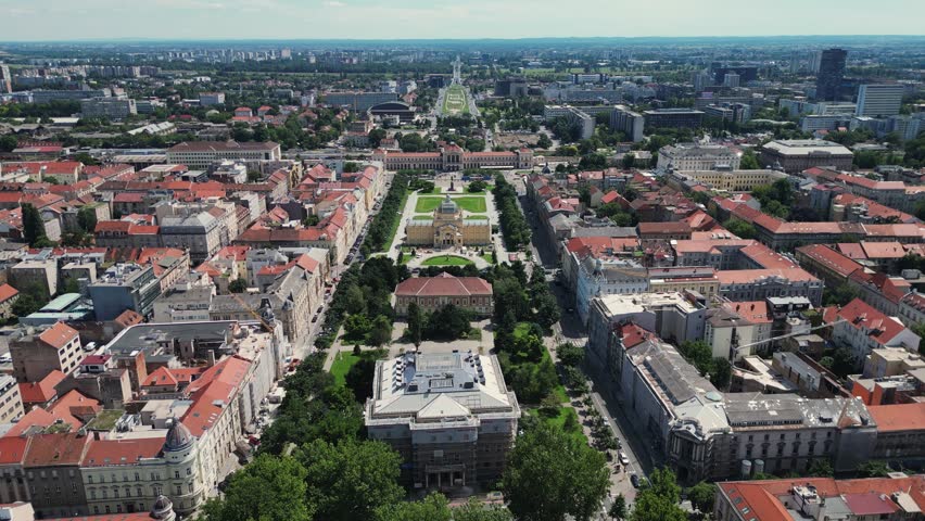 Lenuci Horseshoe. Green zone of Zagreb historic city center aerial view, famous landmarks of capital of Croatia