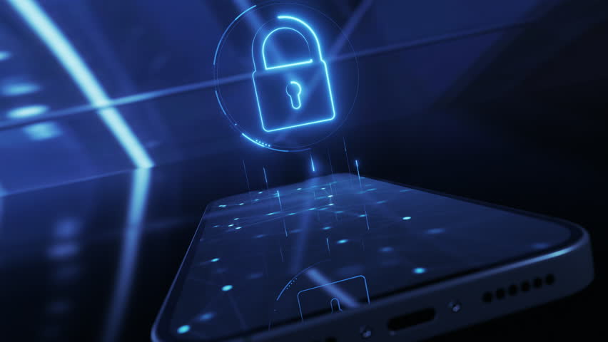 Cybersecurity lock icon hologram and smartphone. Data protection and privacy or antivirus concept. Finance data or VPN service protection. Blockchain and secure crypto wallet mobile app - Powered by Shutterstock - Get 15% off with code: PIKWIZARD15