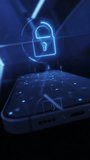 Cybersecurity lock icon hologram and smartphone. Data protection and privacy or antivirus concept. Finance data or VPN service protection. Blockchain and secure crypto wallet mobile app - Powered by Shutterstock - Get 15% off with code: PIKWIZARD15
