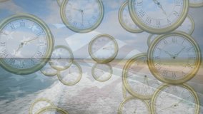 Animation of clocks over flag of usa and map. Global travel, finance, business, connections, computing and data processing concept digitally generated video. - Powered by Shutterstock - Get 15% off with code: PIKWIZARD15