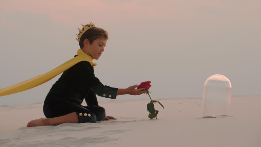 A young boy dressed as the iconic Little Prince kneels in a serene desert, offering a red rose. A glass dome sits beside him, evoking childhood imagination, innocence, and timeless stories.