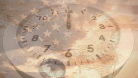 Animation of clock over world map with compass and flag of usa. Time, travel and digital interface concept digitally generated video. - Powered by Shutterstock - Get 15% off with code: PIKWIZARD15
