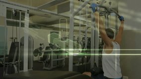 Animation of data processing with dna strand over caucasian man exercising on gym. Sports, active lifestyle, science and digital interface concept digitally generated video. - Powered by Shutterstock - Get 15% off with code: PIKWIZARD15