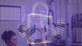 Animation of data processing and padlock over caucasian female trainer and woman lifting dumbbells. Sports, active lifestyle, science and digital interface concept digitally generated video. - Powered by Shutterstock - Get 15% off with code: PIKWIZARD15