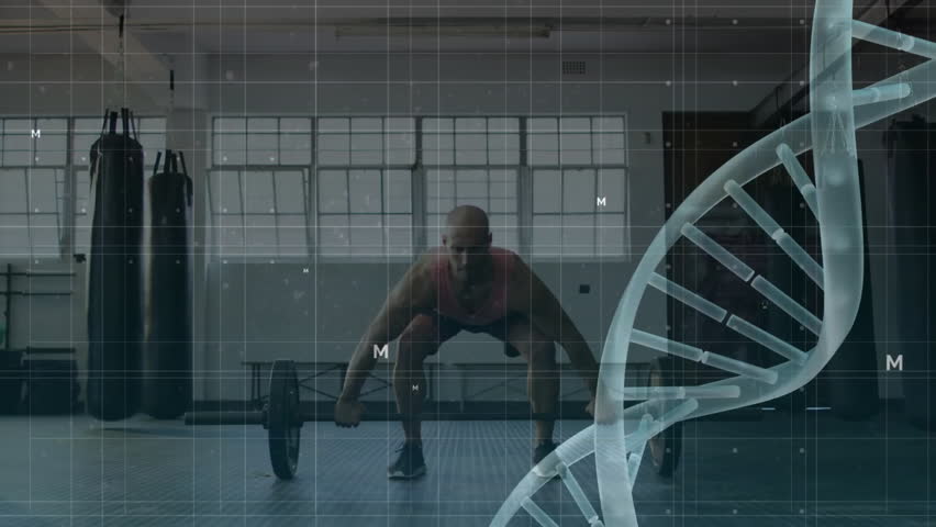 Animation of data processing and dna strand over caucasian man lifting barbell on gym. Sports, active lifestyle, science and digital interface concept digitally generated video. - Powered by Shutterstock - Get 15% off with code: PIKWIZARD15