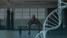 Animation of data processing and dna strand over caucasian man lifting barbell on gym. Sports, active lifestyle, science and digital interface concept digitally generated video. - Powered by Shutterstock - Get 15% off with code: PIKWIZARD15