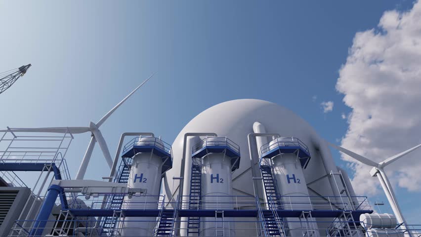 A renewable energy production facility focuses on blue hydrogen energy, utilizing H2 storage tanks. Hydrogen is produced using electricity generated by wind farms. 3d rendering. Time lapse.