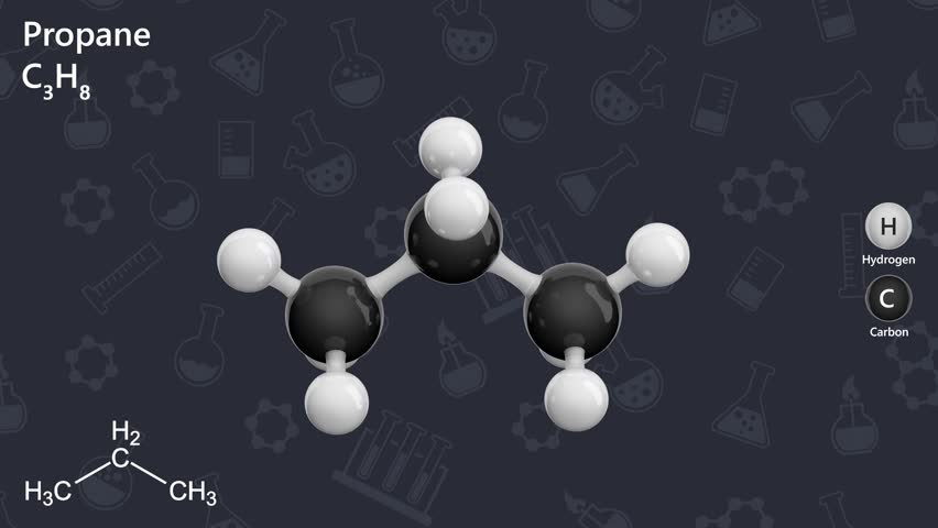 Propane is a gas, a byproduct of natural gas processing and petroleum refining. Its used as a fuel for heating, cooking, and powering vehicles. Molecular formula: C3H8. dark background. 3D render.