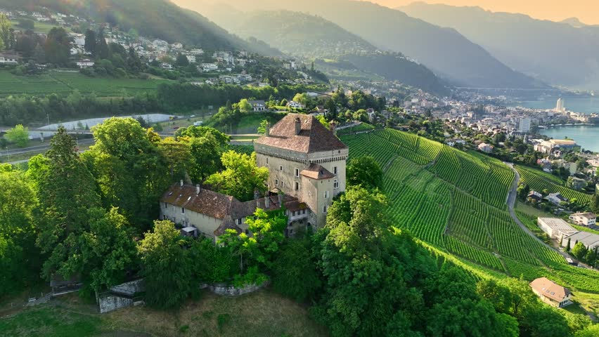 Landscape with charming chateau surrounded by vibrant vineyards. Beauty of the Swiss countryside during golden hour. Aerial view of a castle in Switzerland near Montreux city