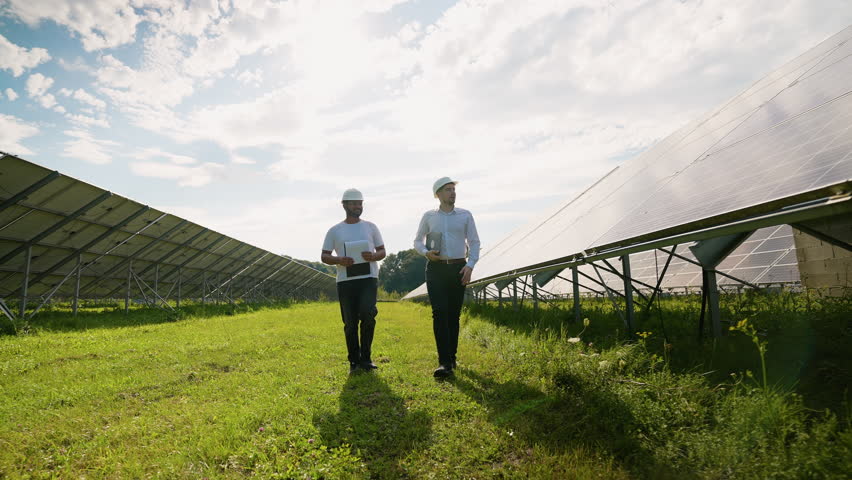 Two engineers walk beside large solar panels, discussing project details