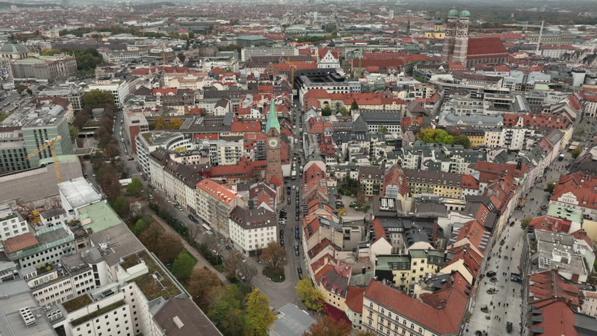cloudy day munich city central district traffic street aerial panorama 4k germany