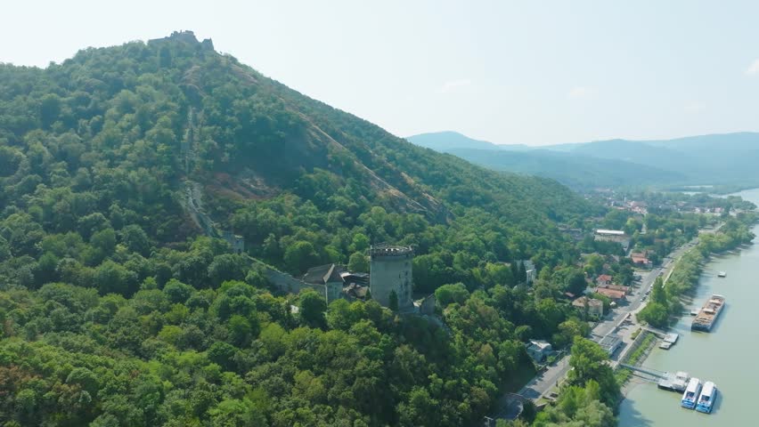 Aerial view of Salamon Tower (Lower Castle) in Visegrad, Hungary. 