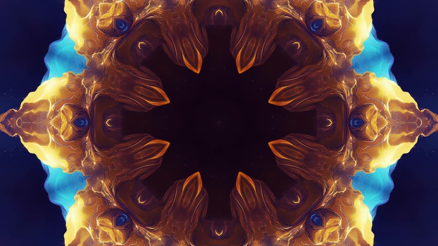 Hypnotic mandala kaleidoscope animation with vibrant blue and golden hues. Intricate star-like patterns in dynamic motion create a visually stunning experience perfect for meditation creative projects - Powered by Shutterstock - Get 15% off with code: PIKWIZARD15