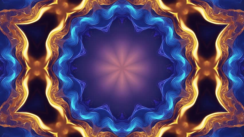 Hypnotic mandala kaleidoscope animation with vibrant blue and golden hues. Intricate star-like patterns in dynamic motion create a visually stunning experience perfect for meditation creative projects - Powered by Shutterstock - Get 15% off with code: PIKWIZARD15