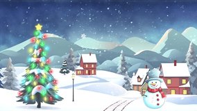 Animated snowy Christmas background with glowing twinkling bulbs on Christmas tree, snowman, snow-covered houses, mountains, and heavy snowfall, festive winter village under starry night sky - Powered by Shutterstock - Get 15% off with code: PIKWIZARD15