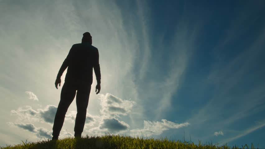 The silhouette of a man stands tall with hands raised under a radiant sky. The scene reflects feelings of achievement, hope, and connection with the natural world.