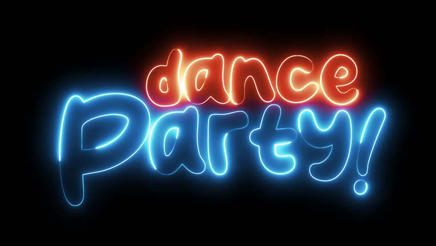 Dance Party Neon Sign. Dance Party text font with neon light. Luminous and shimmering haze inside the letters of the text Dance Party. 