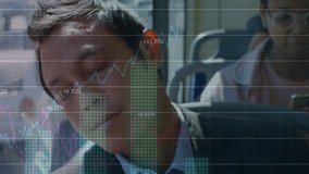 Animation of financial data processing over asian businessman sleeping on bus. Global finance, business, connections, computing and data processing concept digitally generated video. - Powered by Shutterstock - Get 15% off with code: PIKWIZARD15