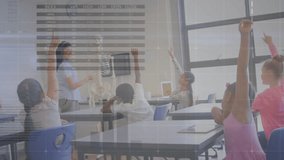 Animation of statistics and data processing over diverse school children in classroom. Global education, business, connections, computing and data processing concept digitally generated video. - Powered by Shutterstock - Get 15% off with code: PIKWIZARD15