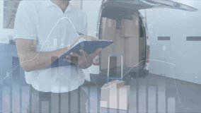 Animation of financial data processing over smiling caucasian delivery man. Global shipping, business, connections, computing and data processing concept digitally generated video. - Powered by Shutterstock - Get 15% off with code: PIKWIZARD15