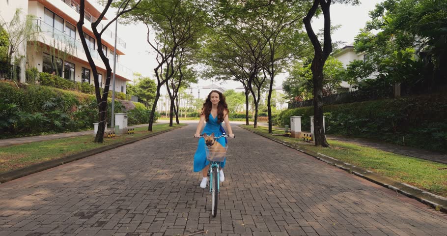 Leisurely cycling through suburban neighborhood on sunny day, young woman enjoys pleasant ride with her French Bulldog puppy in handlebar basket. Carefree outing takes them down empty alleys