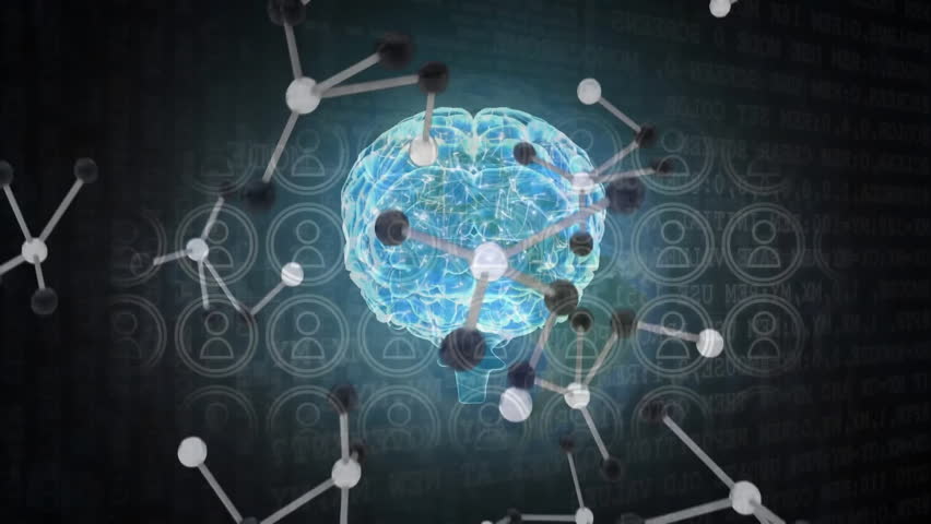 Animation of human brain, molecules and people icons on black background. Global science, connections, cloud computing and data processing concept digitally generated video. - Powered by Shutterstock - Get 15% off with code: PIKWIZARD15