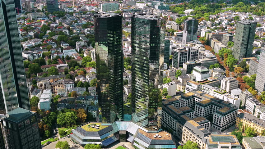 Panoramic view of Frankfurt from a skyscraper, Germany. Multiple residential and office buildings, skyscrapers