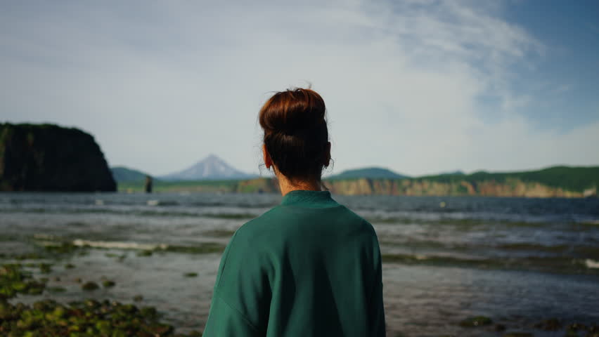 Hispanic Brunette Woman Admiring Beautiful Landscape With Volcano, Mountains And Pacific Ocean
