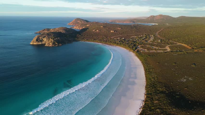 Drone flying along Lucky Bay, Esperance in Western Australia at sunrise