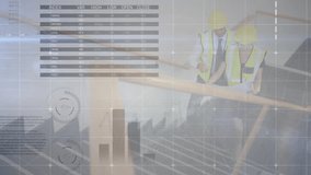Animation of financial data processing over diverse architects and construction site. Global development, business, connections, computing and data processing concept digitally generated video. - Powered by Shutterstock - Get 15% off with code: PIKWIZARD15