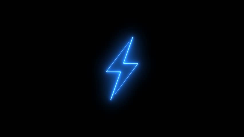 Neon sign of lightning bolt animation on black background. neon lightning bolt, glowing sign. Neon battery charging power symbol animation. Concept of lightning, thunder electricity.