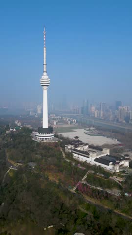 Aerial view of beautiful urban skyline with tall towers and modern buildings, Wuhan, China.