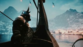 A brave Shiba warrior sails through icy waters on a Viking ship in a mythical adventure and arrows get shots on him - Powered by Shutterstock - Get 15% off with code: PIKWIZARD15