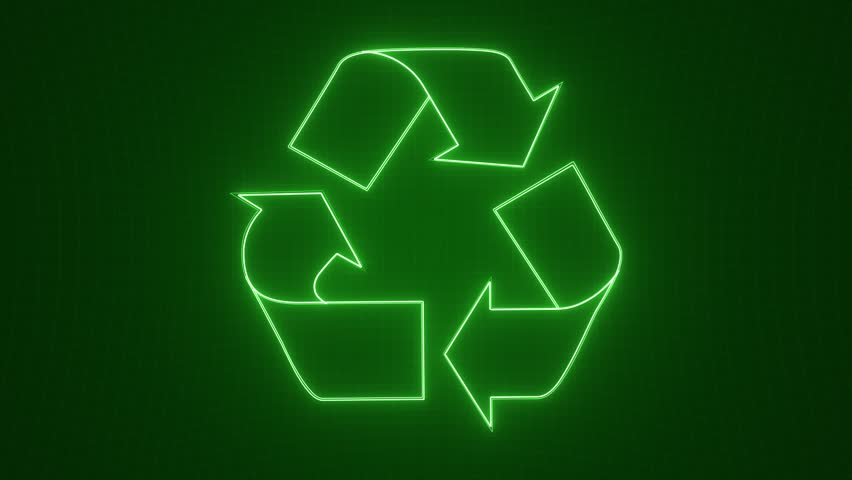 Glowing green neon recycling symbol on dark grid pattern background. Environmental awareness, green technology, circular economy and sustainability concept. Full HD loop.
