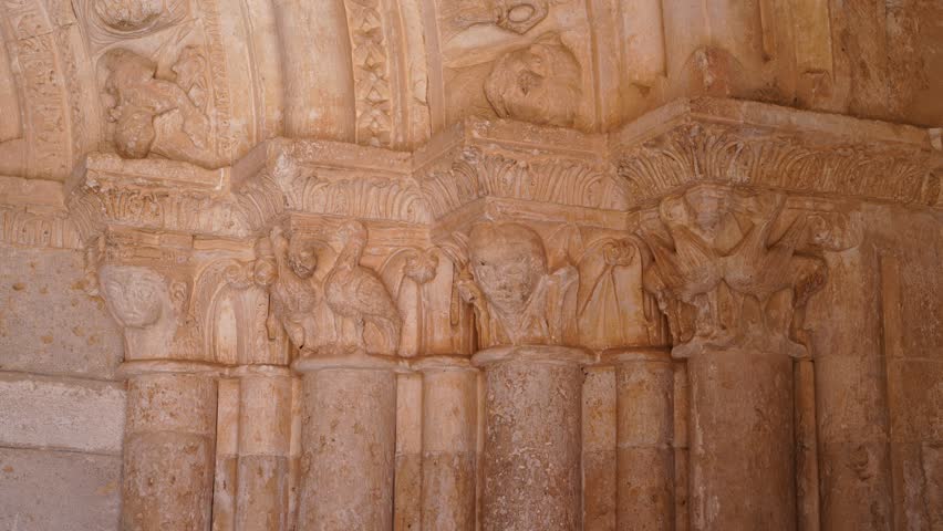 Romanesque arch portico of the Church of San Esteban Protomártir in the village of Hormaza. Region of Alfoz de Burgos. Province of Burgos. Castile and Leon. Spain. Europe