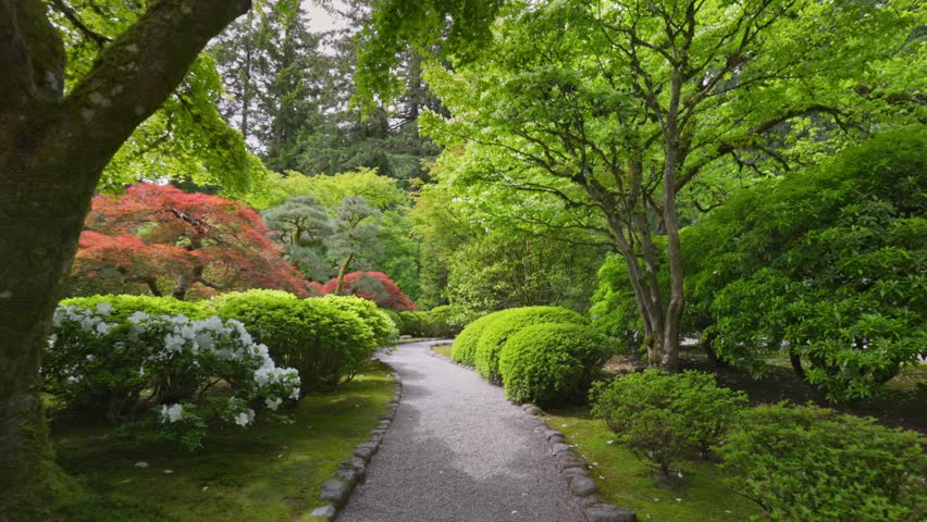 Beautifully manicured Japanese park filled with vibrant flowers and lush greenery. Gravel path cuts through dense Japanese garden, lined with emerald green bushes and trees